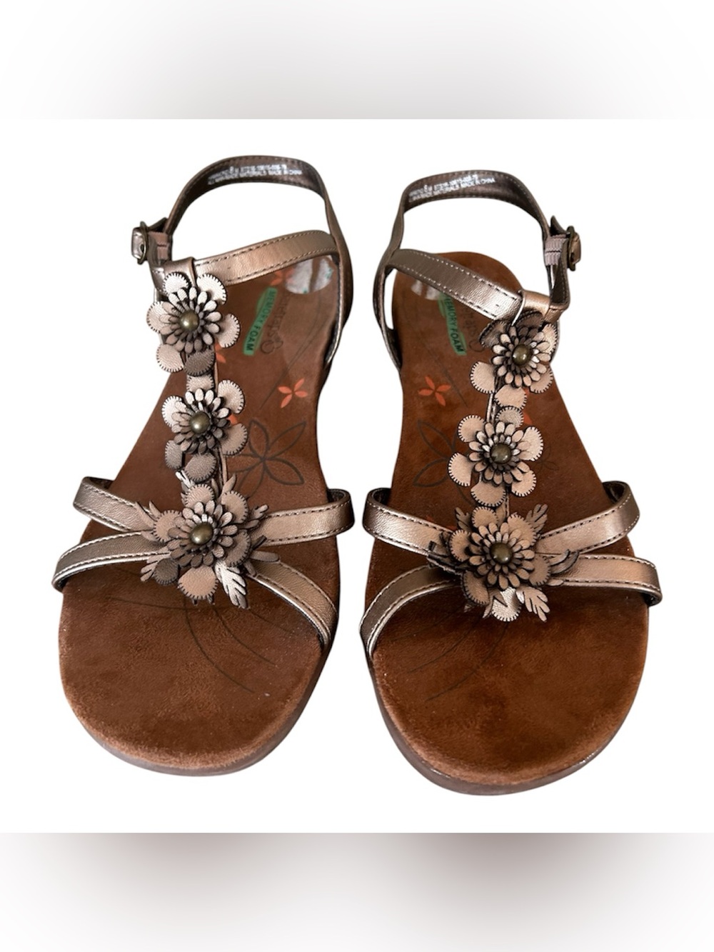 BareTraps Hammond bronze floral T-strap wedge sandals, Sz 8